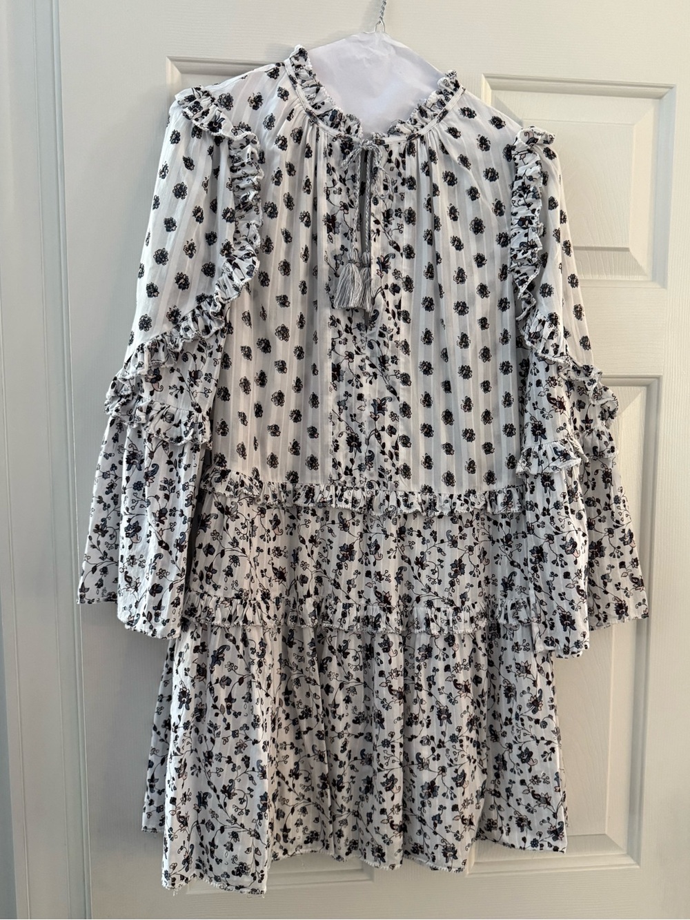 Ulla Johnson White and Black Floral Tiered Ruffle Mini Dress